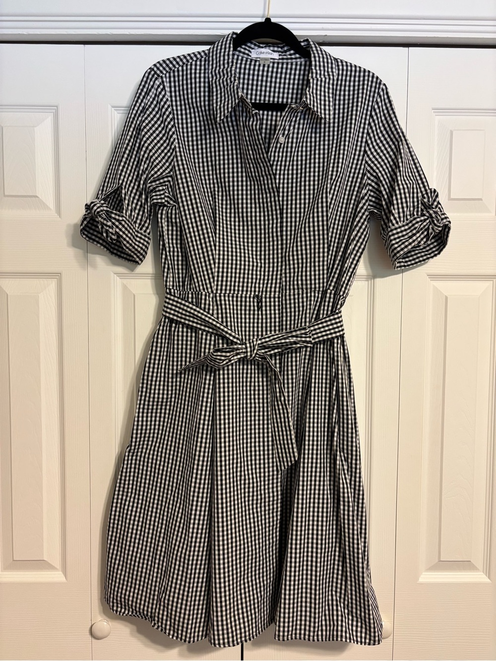 Calvin Klein Black and White Gingham Midi Shirt Dress